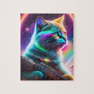Quebra-cabeça Gato Bonito Com Gun, Gato Futuro Do Astronauta Sci