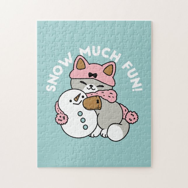 Quebra-cabeça Gato Bonito em Neve Gear com Arte Snowman (Vertical)