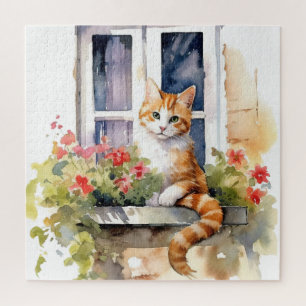 Quebra-cabeça Gato Branco Amarelo Caixa de Flores na Janela Pint