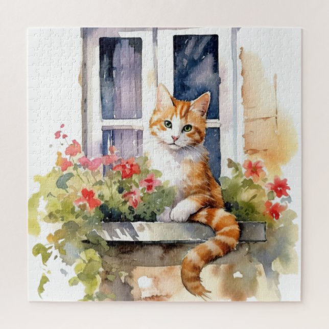 Quebra-cabeça Gato Branco Amarelo Caixa de Flores na Janela Pint (Vertical)