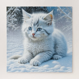 Quebra-cabeça Gato Branco Bonito Brincando na Neve