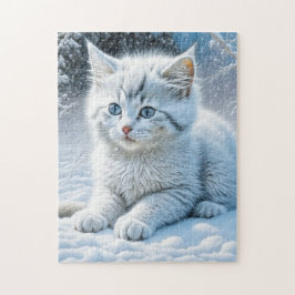 Quebra-cabeça Gato Branco Bonito Brincando na Neve