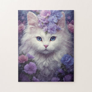 Quebra-cabeça Gato Branco Bonito com Flores, Arte Fantástica