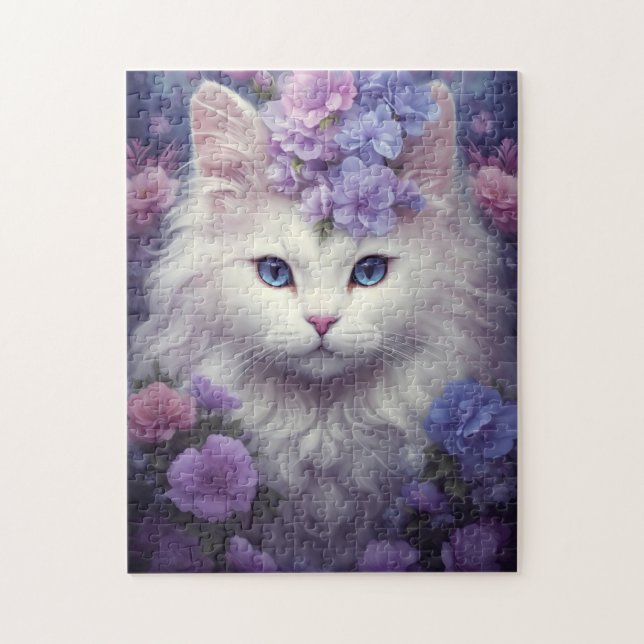 Quebra-cabeça Gato Branco Bonito com Flores, Arte Fantástica (Vertical)