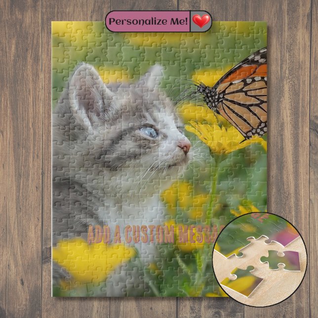Quebra-cabeça Gato Branco Cinza Borboleta Monarca (Grey White Kitten Monarch Butterfly Jigsaw Puzzle)