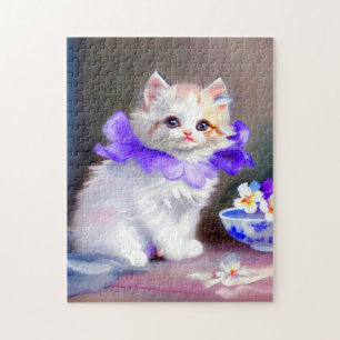 Quebra-cabeça Gato branco com pintura de colarinho de flores rox
