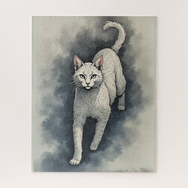 Quebra-cabeça Gato Branco em Estilo de Desenho a Tinta Chinesa (Vertical)