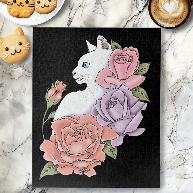 Quebra-cabeça Gato Branco Floral Pastel Botânico Romântico Preto (Criador carregado)