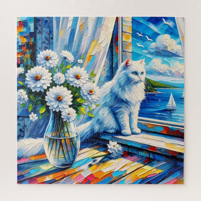 Quebra-cabeça Gato Branco na Janela ainda olhando para o Oceano (Vertical)