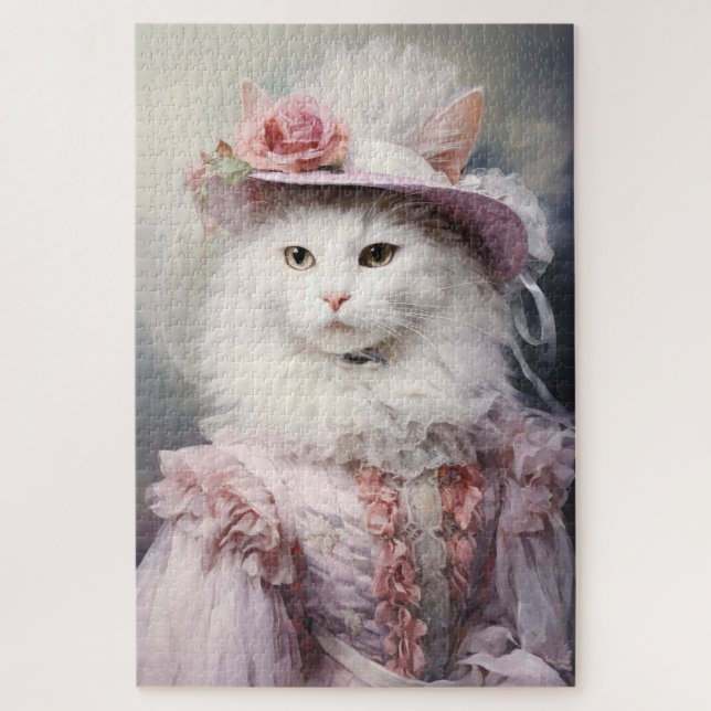 Quebra-cabeça Gato Branco num Conjunto Rosa (Vertical)