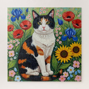 Quebra-cabeça Gato Calico e Girassóis Arte Popular
