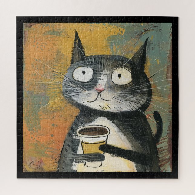 Quebra-cabeça Gato Cinza com Café sobre Ocre (Vertical)