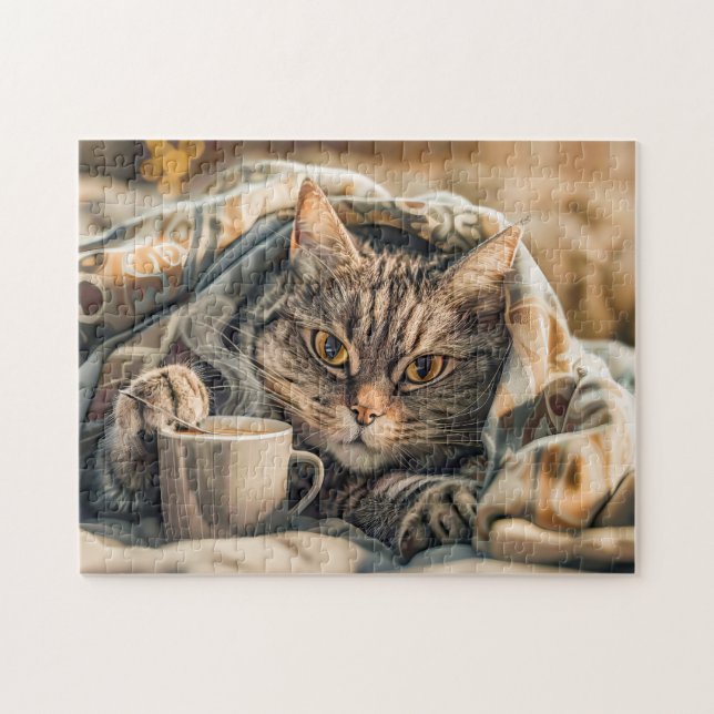 Quebra-cabeça Gato com café e livro em cobertor aconchegante (Horizontal)