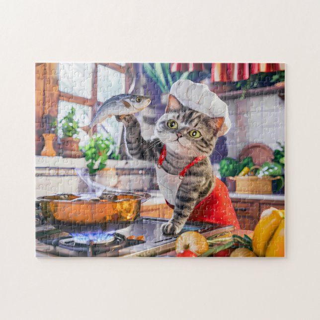 Quebra-cabeça Gato com chapéu de chef cozinhando com legumes e p (Horizontal)