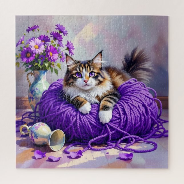 Quebra-cabeça Gato com Olhos Roxos em Fio de Lã Roxa e Flores (Vertical)