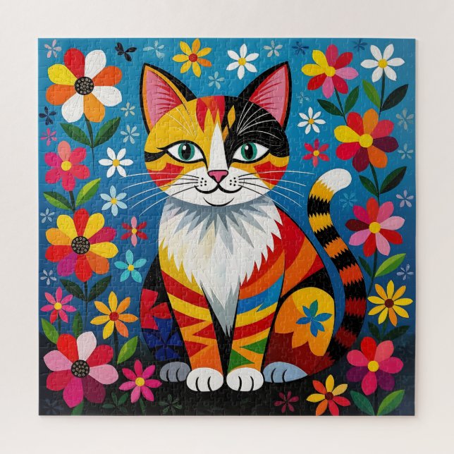 Quebra-cabeça Gato de Arte Popular Boho, Flores & Borboleta   (Vertical)