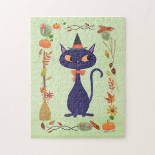 Quebra-cabeça Gato de Bruxa Bonita do Halloween