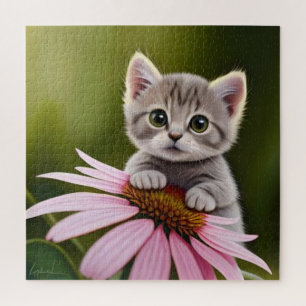 Quebra-cabeça Gato-de-cinza fofo e floral