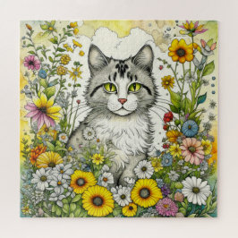 Quebra-cabeça Gato de cinza sentado em flores