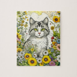 Quebra-cabeça Gato de cinza sentado em flores