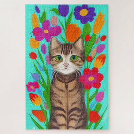 Quebra-cabeça Gato de Cinzas Bonitas com Flores Coloridas