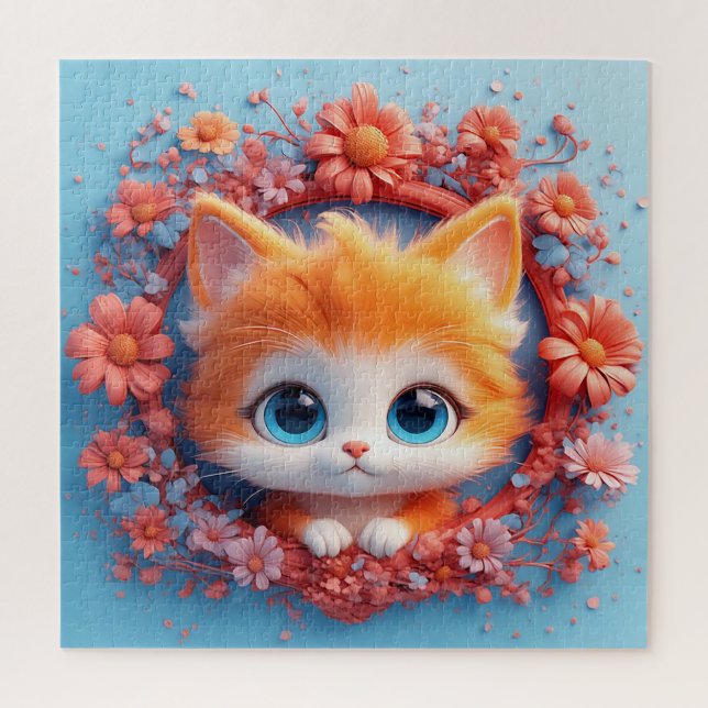 Quebra-cabeça Gato de Desenho Animado Fofo Presente de Flor para (Vertical)