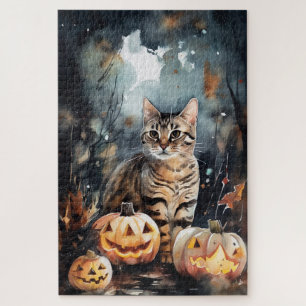 Quebra-cabeça Gato de Halloween Bengal com Pumpkins assustado