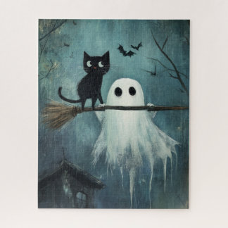 Quebra-cabeça Gato de Halloween e Espírito Voando na Broca