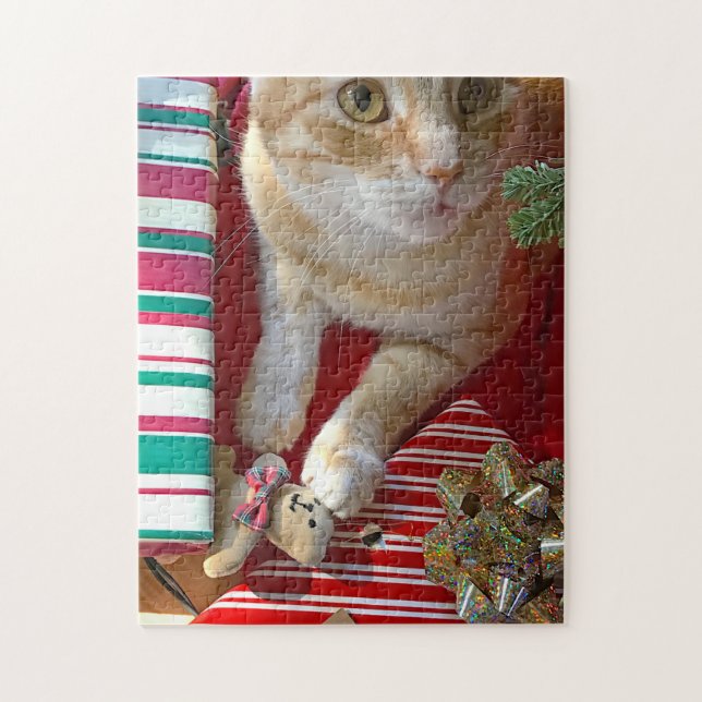 Quebra-cabeça Gato de laranja com presentes de Natal (Vertical)