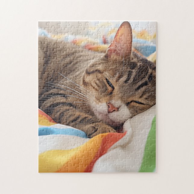 Quebra-cabeça Gato de mesa sonolento em folhas coloridas (Vertical)