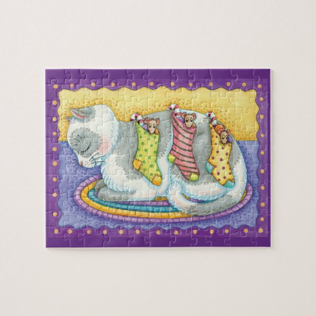 Quebra-cabeça Gato de Natal bonito dormindo com ratos em estoque (Horizontal)