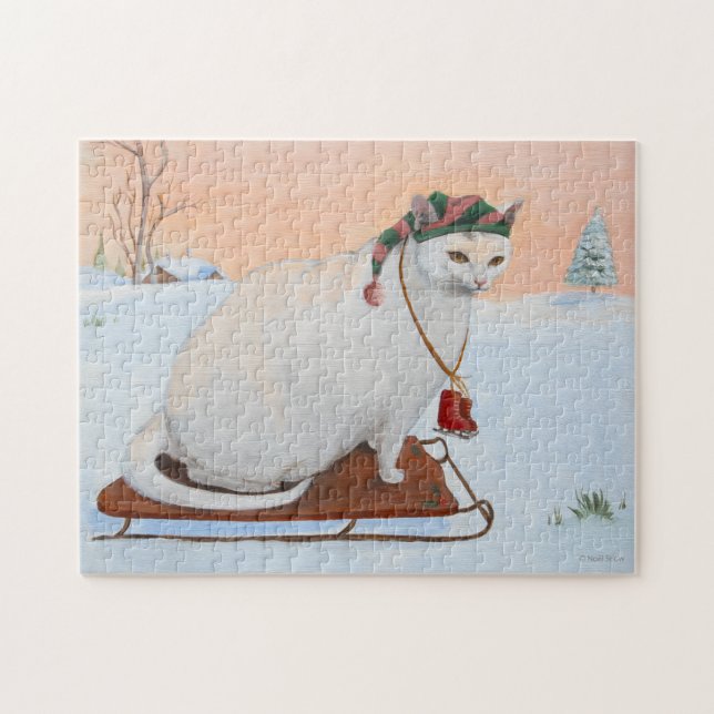 Quebra-cabeça Gato de Natal Branco na neve (Horizontal)