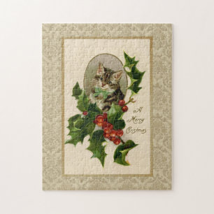 Quebra-cabeça Gato de Natal com Azevinho Reprodução Vintage