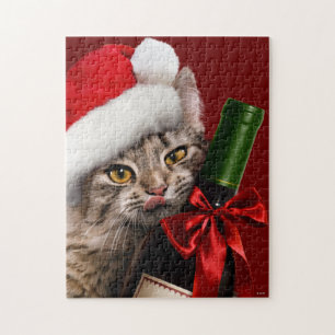 Quebra-cabeça Gato De Natal Com Garrafa De Vinho