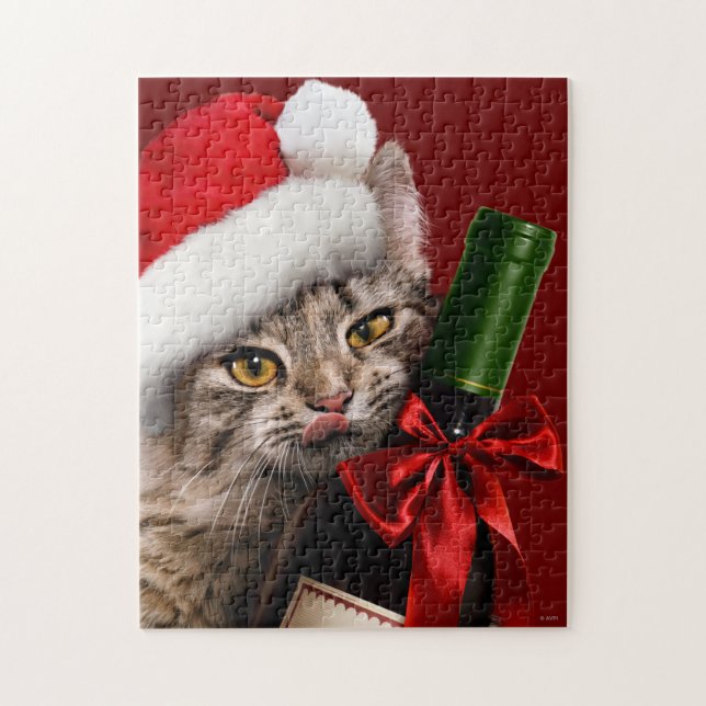 Quebra-cabeça Gato De Natal Com Garrafa De Vinho (Vertical)