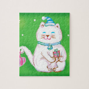 Quebra-cabeça Gato de Natal de Desenho Animado Fofo Usando um Ch