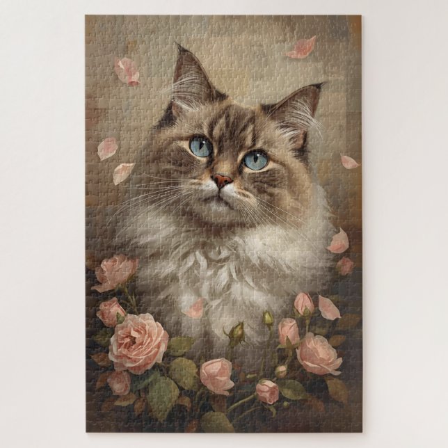 Quebra-cabeça Gato de Olhos Azuis com Rosas – Elegante Quebra-Ca (Vertical)