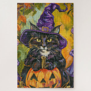 Quebra-cabeça Gato de Smoking Assustador, Bruxa de Halloween e A