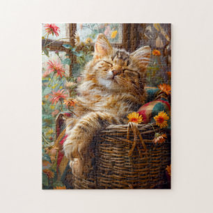 Quebra-cabeça Gato Dormindo no Peitoril da Janela Entre Flores