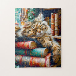 Quebra-cabeça Gato Dormindo sobre uma Pilha de Livros