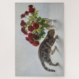 Quebra-cabeça Gato e Rosas Vermelhas – Impressão de Pintura a Ól
