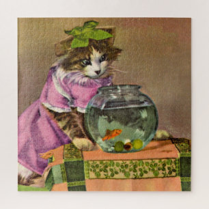 Quebra-cabeça gato e tigela de peixe vestidos
