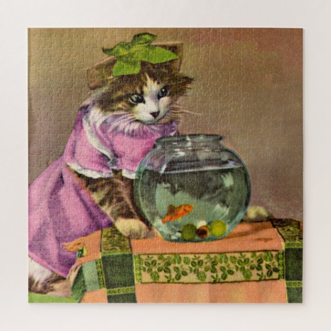 Quebra-cabeça gato e tigela de peixe vestidos (Vertical)