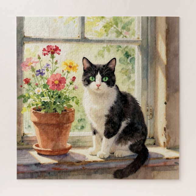 Quebra-cabeça Gato em aquarela e tema de flores (Vertical)