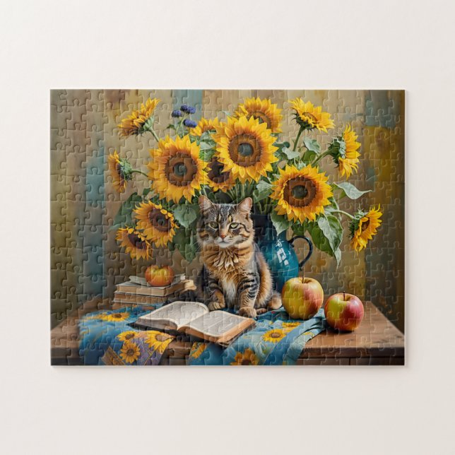 Quebra-cabeça Gato Encantador com Buquê de Girassóis (Horizontal)