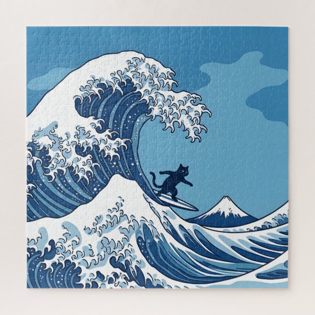 Quebra-cabeça Gato Engraçado Surfando a Grande Onda de Kanagawa  (Vertical)