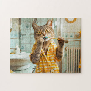 Quebra-cabeça Gato escovando os dentes no banheiro de pijama lis