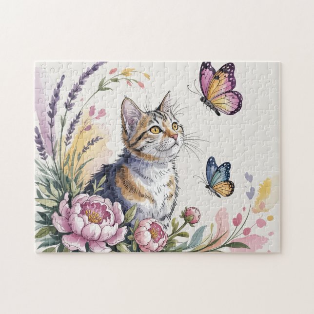 Quebra-cabeça Gato Floral Aquarela (Horizontal)