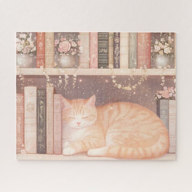 Quebra-cabeça Gato Floral e Livros (Horizontal)