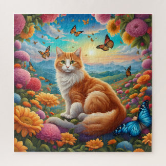 Quebra-cabeça Gato Fluffy Sentado num Campo de Flores
